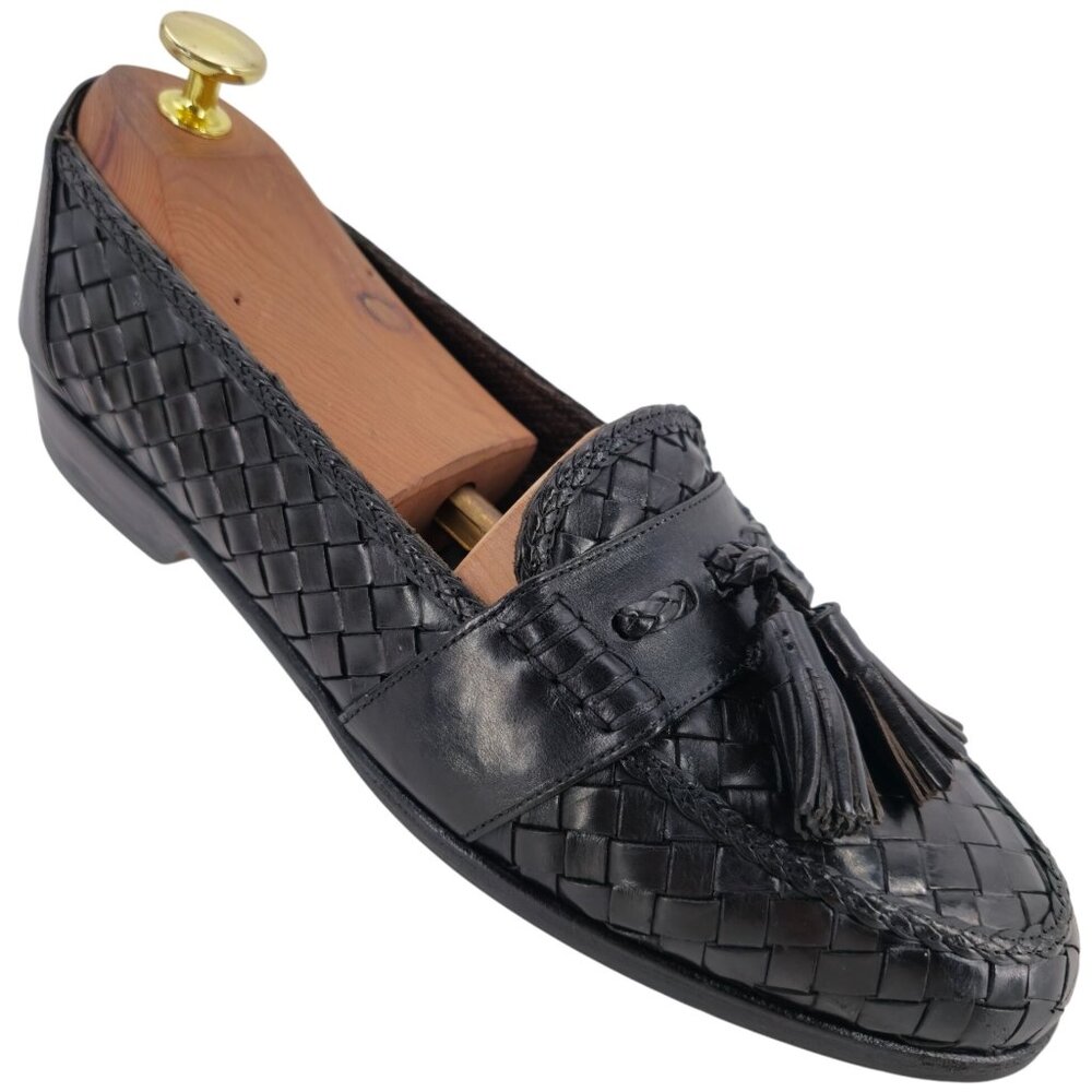 Vintage Bragano Cole Haan Italy Black Woven Leather Tassel Loafer Dress Shoes 8M